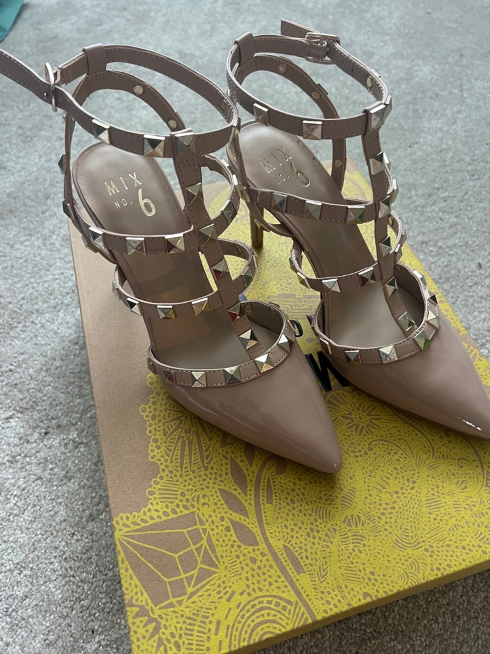 Mix No. 6 Nude Blush Patent Leather Studded Strappy Pointed-Toe Heels 7